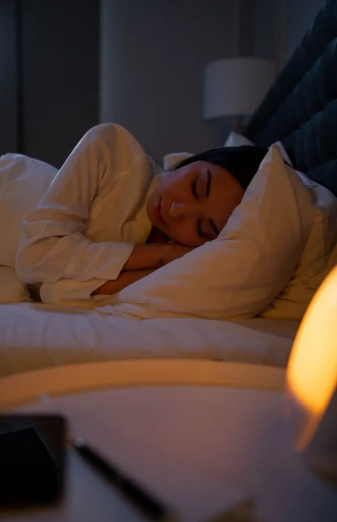 Woman asleep on her side in a dim bedroom lit by a warm lamp, phone face-down on the nightstand — quieting a racing mind at night.